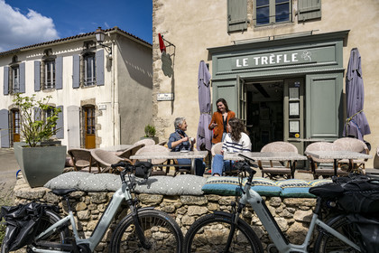 France, Vendee, Mallièvre, the terrace of the café Le Trèfle on rue du Haut in the town makes a magnificent stopover for cyclists on the Vendée Vélo Tour cycle route