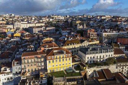 Portugal, Lisbon, Miradouro de Santa Catarina district in the heights of the Bica district (aerial view)