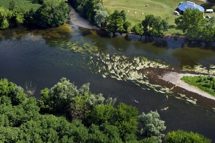 France, Dordogne (24), Périgord Noir, vallée de la Dordogne, Castelnaud-la-Chapelle, kayak sur la rivière Dordogne (vue aérienne)