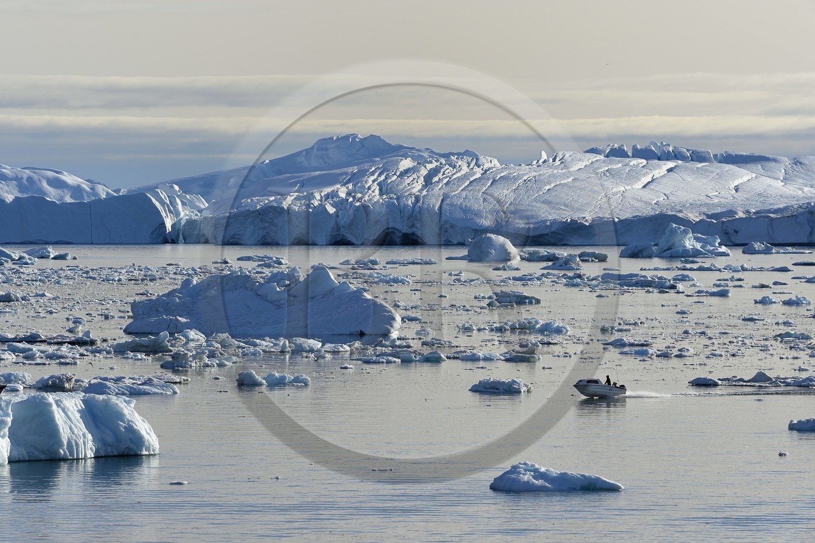 Groenland, cote ouest, baie de Disko, Ilulissat, hors-bord traversant le site du fjord glacé classé Patrimoine Mondial de l'UNESCO