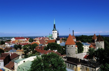 Estonia (Baltic States), Harju Region, Tallinn, European Capital of Culture 2011, the bell tower of Saint Olaf's Church dominates the old town's ramparts