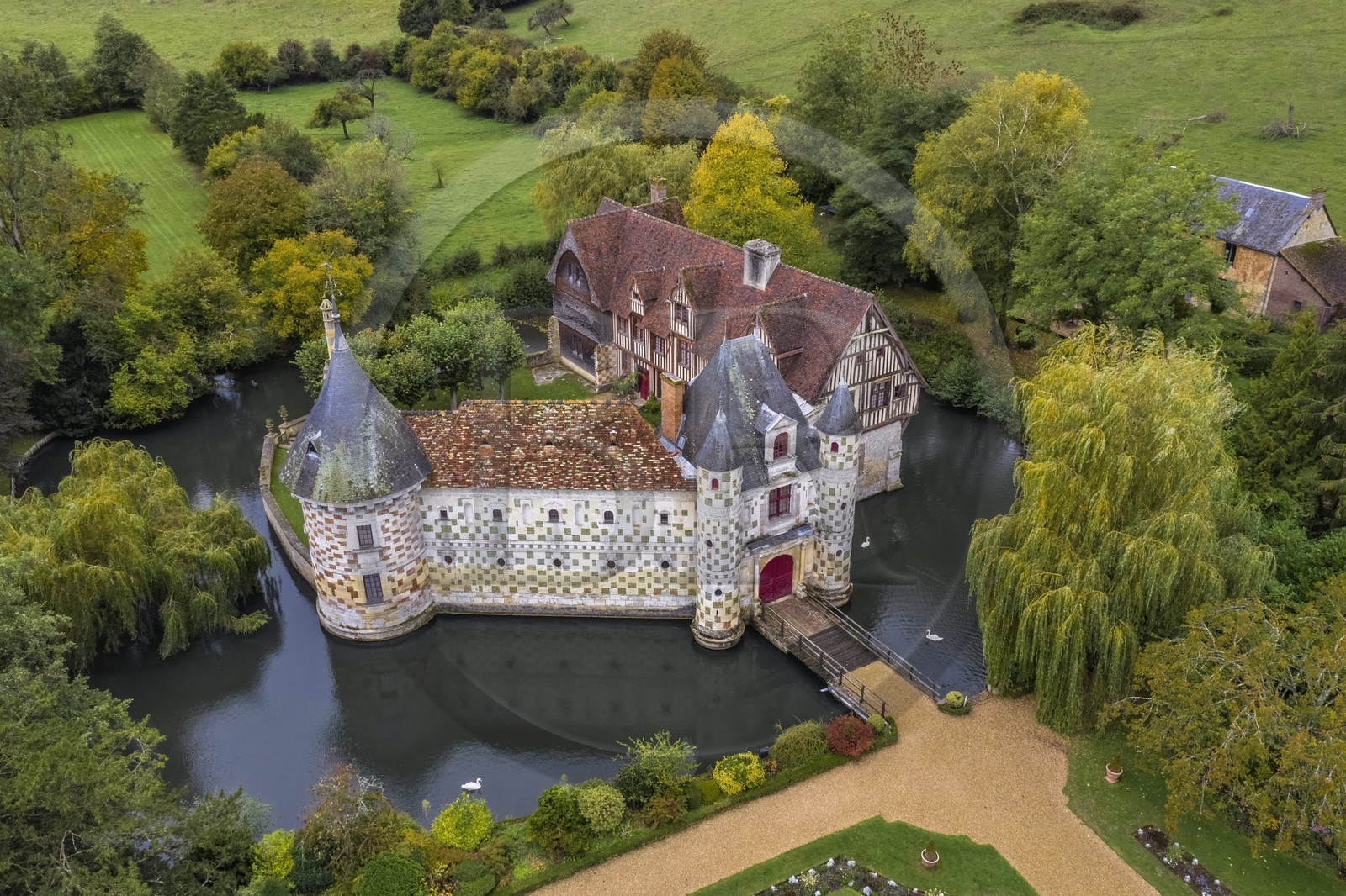 France, Calvados, Pays d'Auge, 15th and 16th century Saint Germain de Livet Castle labeled Museum of France (aerial view)