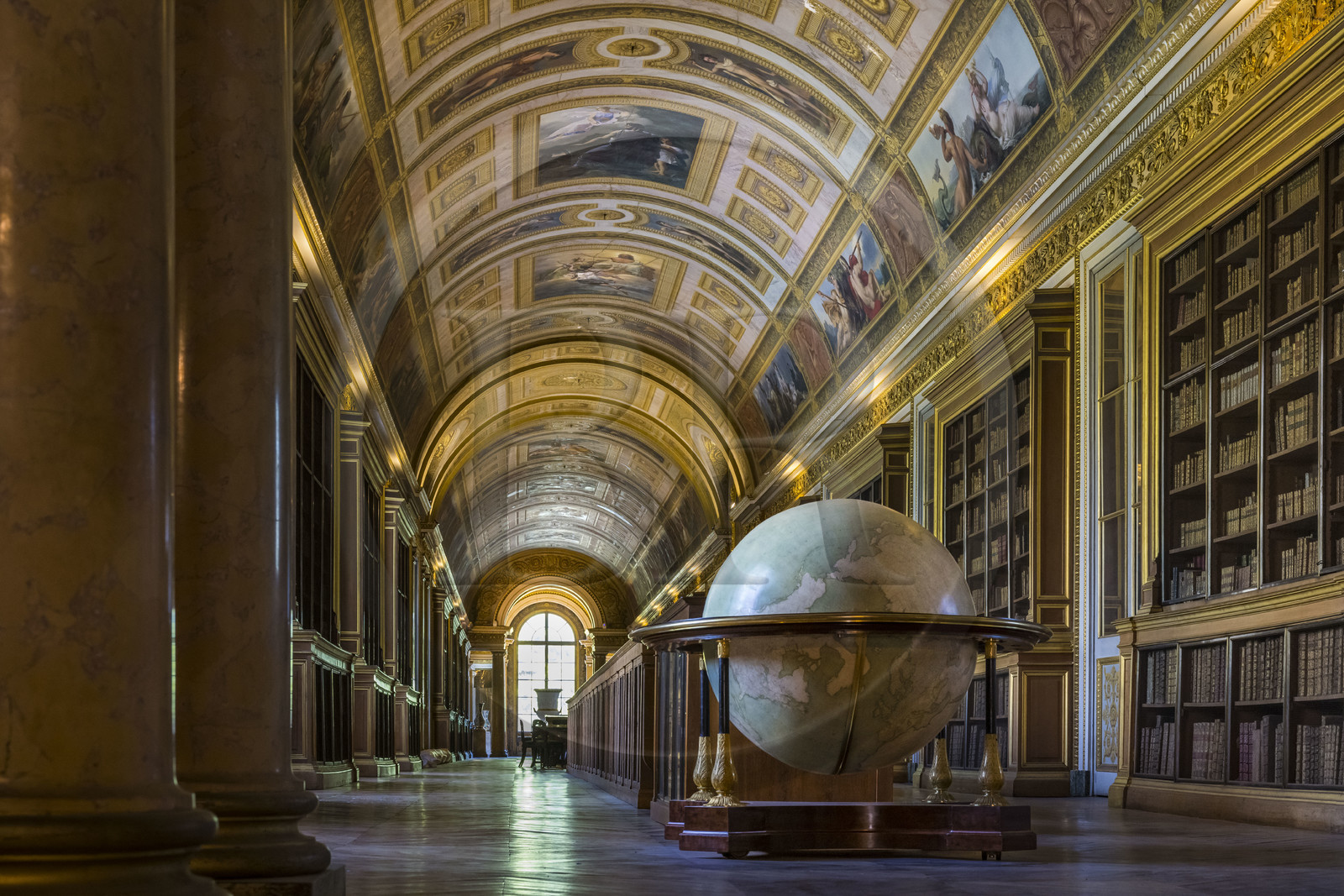 France, Seine-et-Marne, Fontainebleau, castle of Fontainebleau listed as World Heritage by UNESCO, the Galerie de Diane transformed into a library under the Second Empire and containing the terrestrial globe made for Napoleon I in 1810
