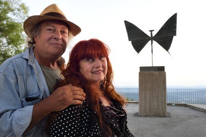 France, Var, the Dracenie, village de Tourtour, Alain and Jacotte Vagh in front of a bronze called Flambé by Bernard Buffet on the esplanade of the town hall