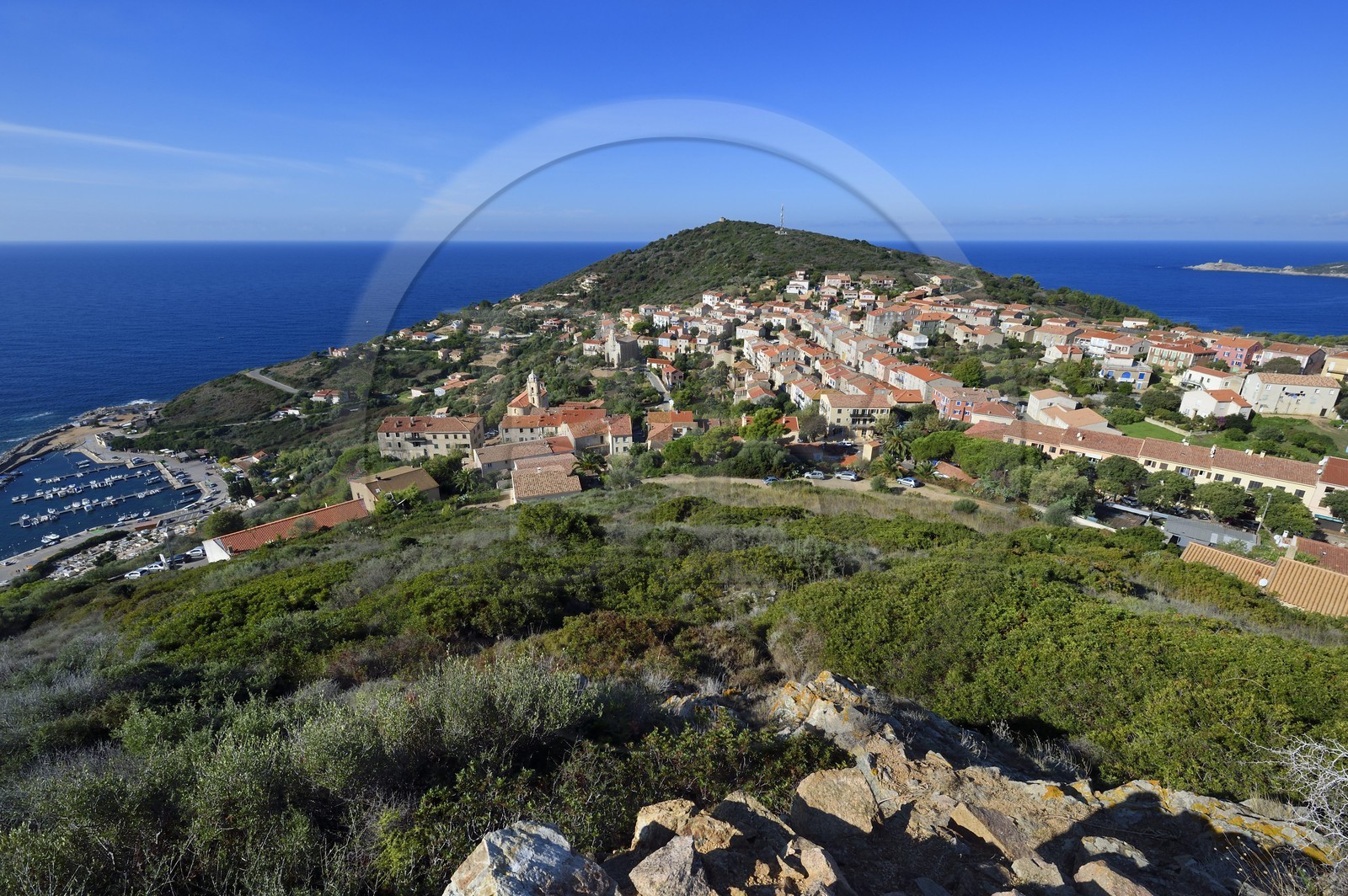 France, Corse du Sud, Cargese and the Genoese tower of the point of Omigna in the background