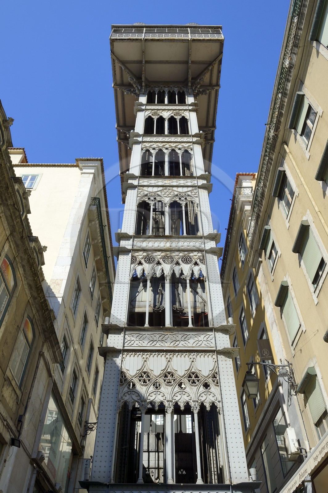 Portugal, Lisbon, Baixa Pombal district, elevador of Santa Justa, metal tower with elevator in neogothic style, built in 1902 by Raoul Mesnier du Ponsard student of Gustave Eiffel