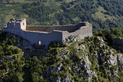 France, Ariège (09), Pays d' Olmes, château cathare de Montségur perché sur un pog (vue aérienne)
