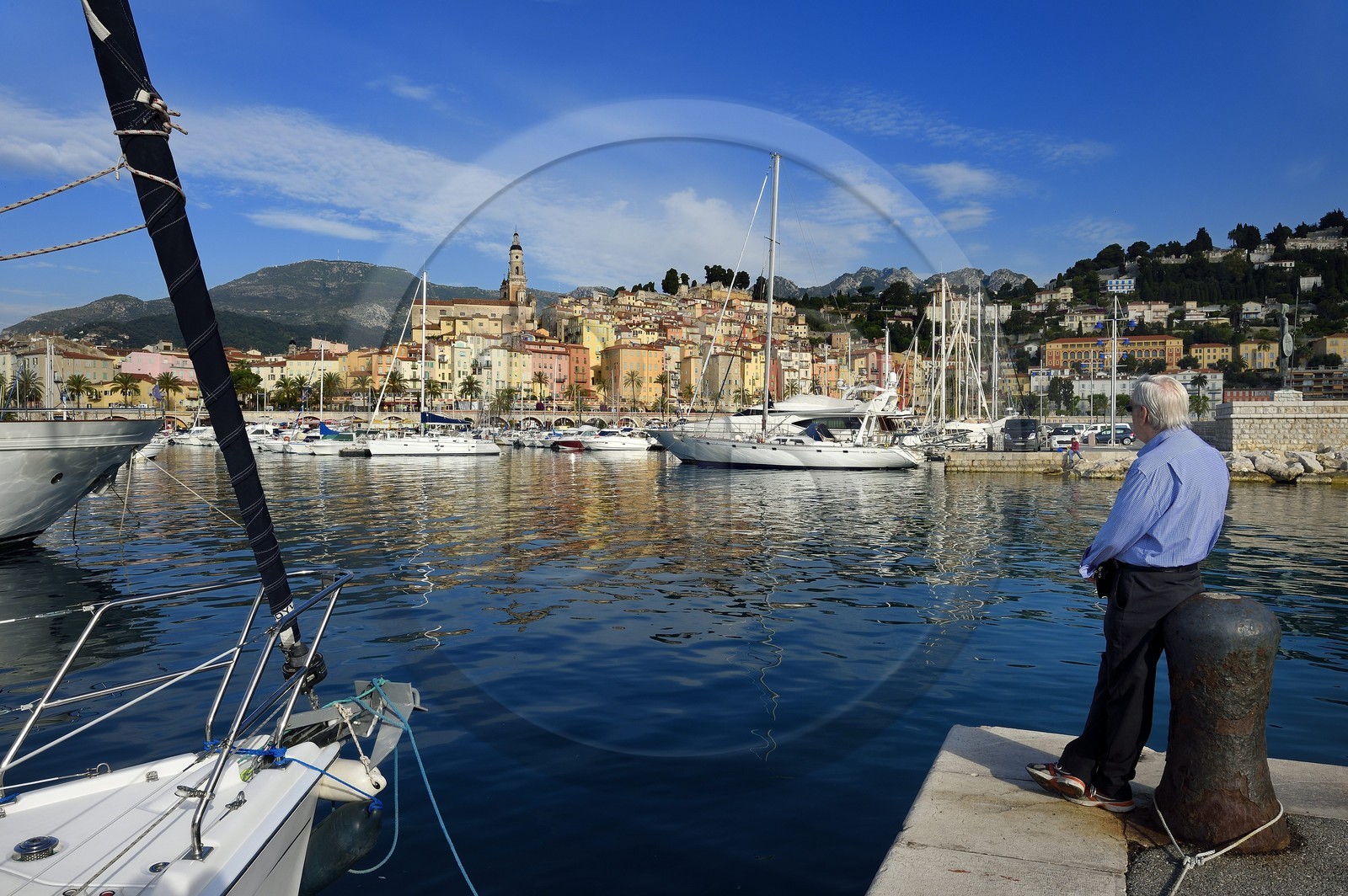France, Alpes-Maritimes, Menton, the port and the old town dominated by the St Michel Basilica