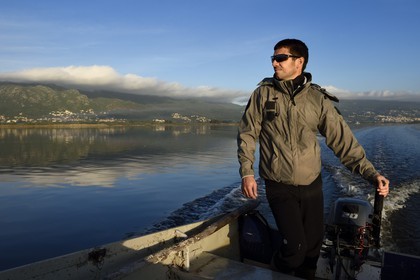 France, Haute Corse, the pond of Biguglia (Stagnu di Chiurlinu), nature reserve of Corsica (RNC), Paul-Marie Ghipponi guard of the natural reserve of Corsica (RNC) patrolling the pond
