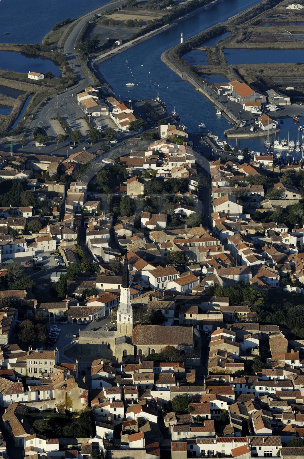 France, Charente-Maritime (17), Ile de Ré, Ars-en-Ré, l'église Saint-Etienne (vue aérienne)