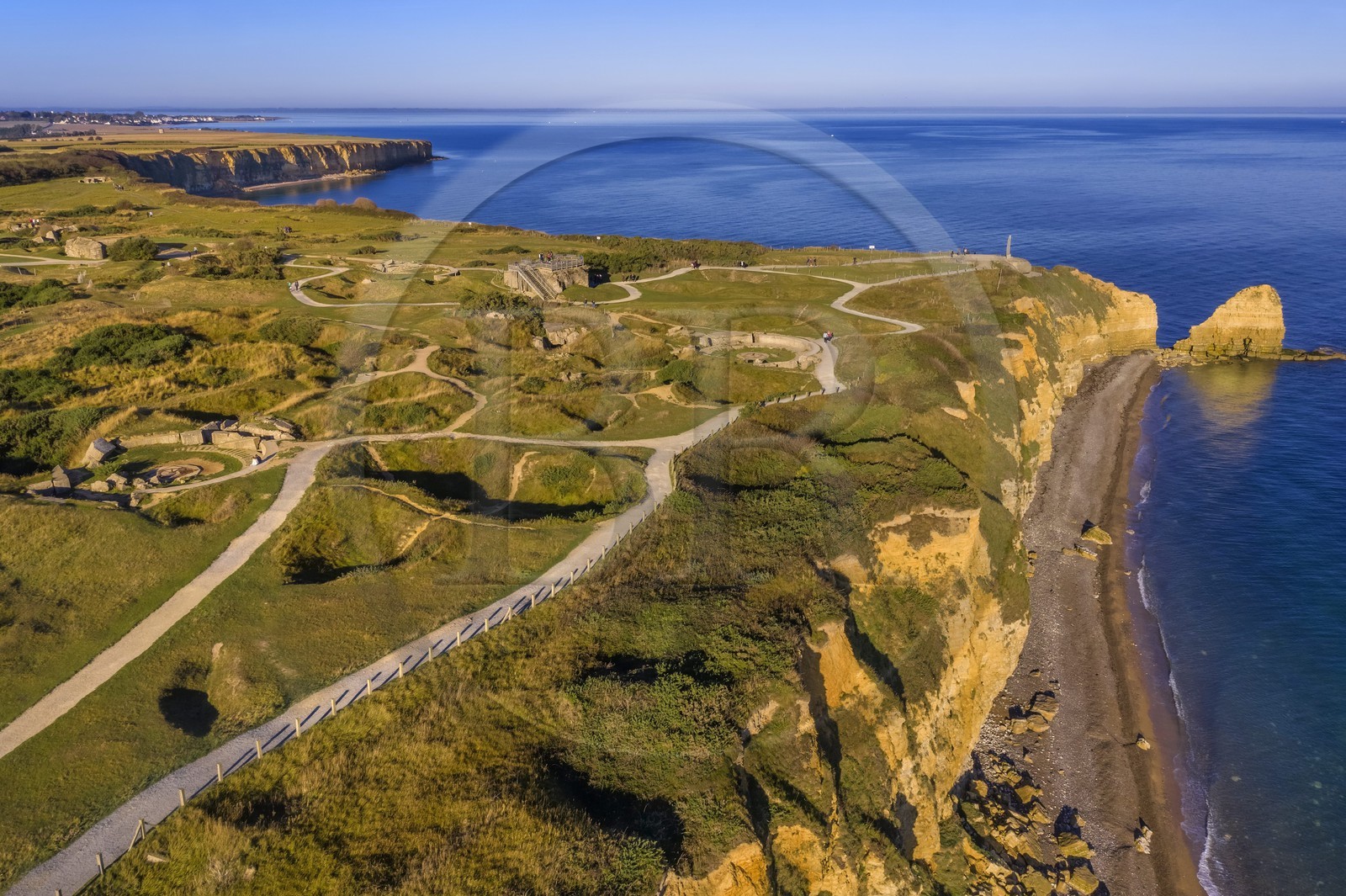 France, Calvados, Cricqueville en Bessin, Pointe du Hoc, ruins of German fortifications and bomb holes made by the Normandy landings of June 6 1944 during the Second World War (aerial view)