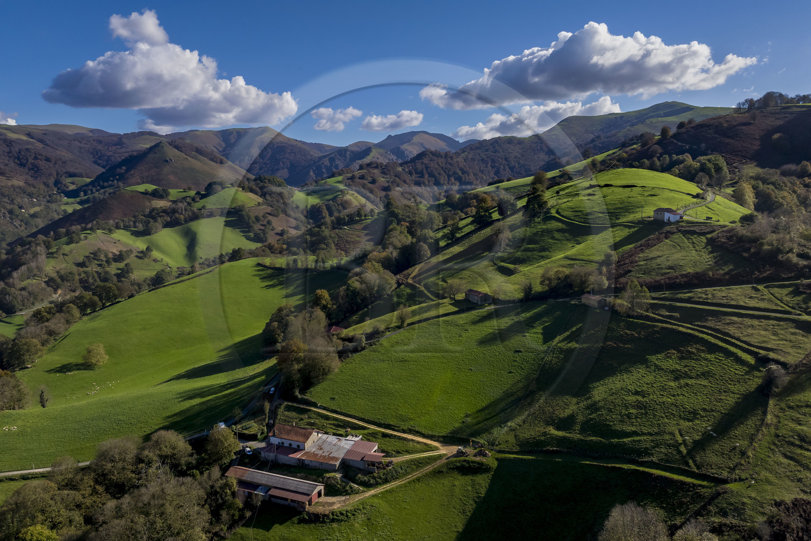 France, Pyrenees Atlantiques, Basque Country, Aldudes valley at Urepel, Kintoa (Quint country) south of the valley straddling the Spanish border (aerial view)