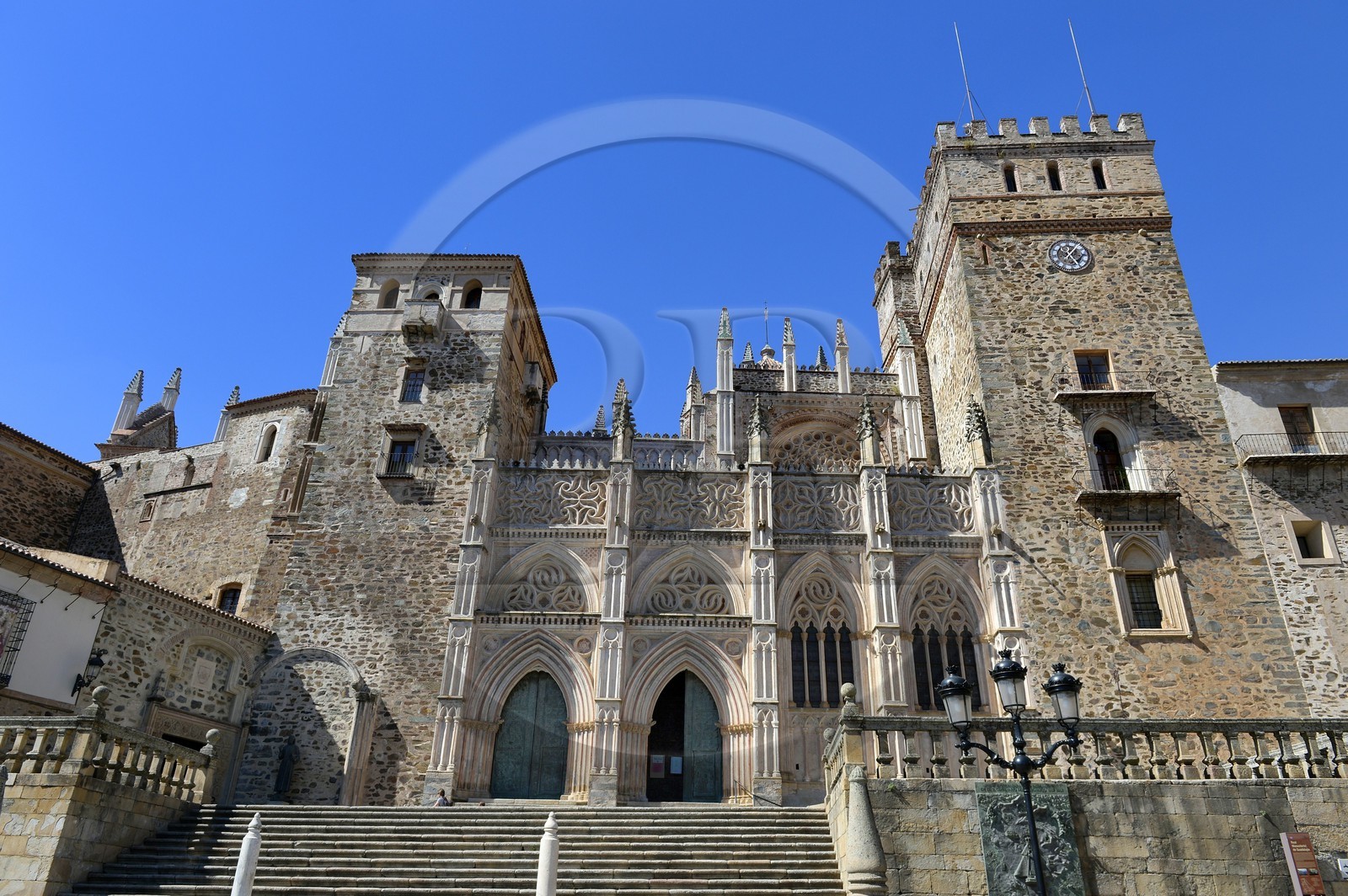Spain, Extremadura, Guadalupe, Royal Monastery of Santa Maria de Guadalupe listed as World Heritage by UNESCO, main Square at the foot of the front of the church