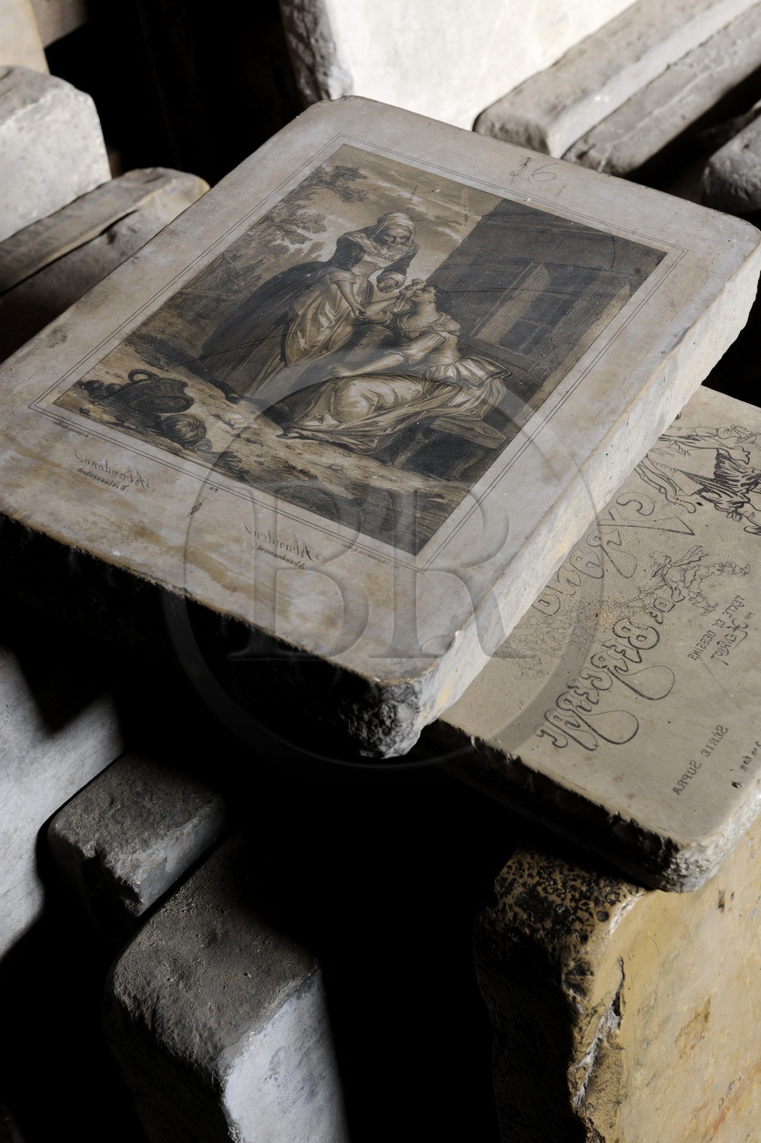 France, Vosges, Epinal, Cite de l'Image, Imagerie d'Epinal (Epinal Prints), more than a 10 000 stones used for lithography are being classified in the stone cellar