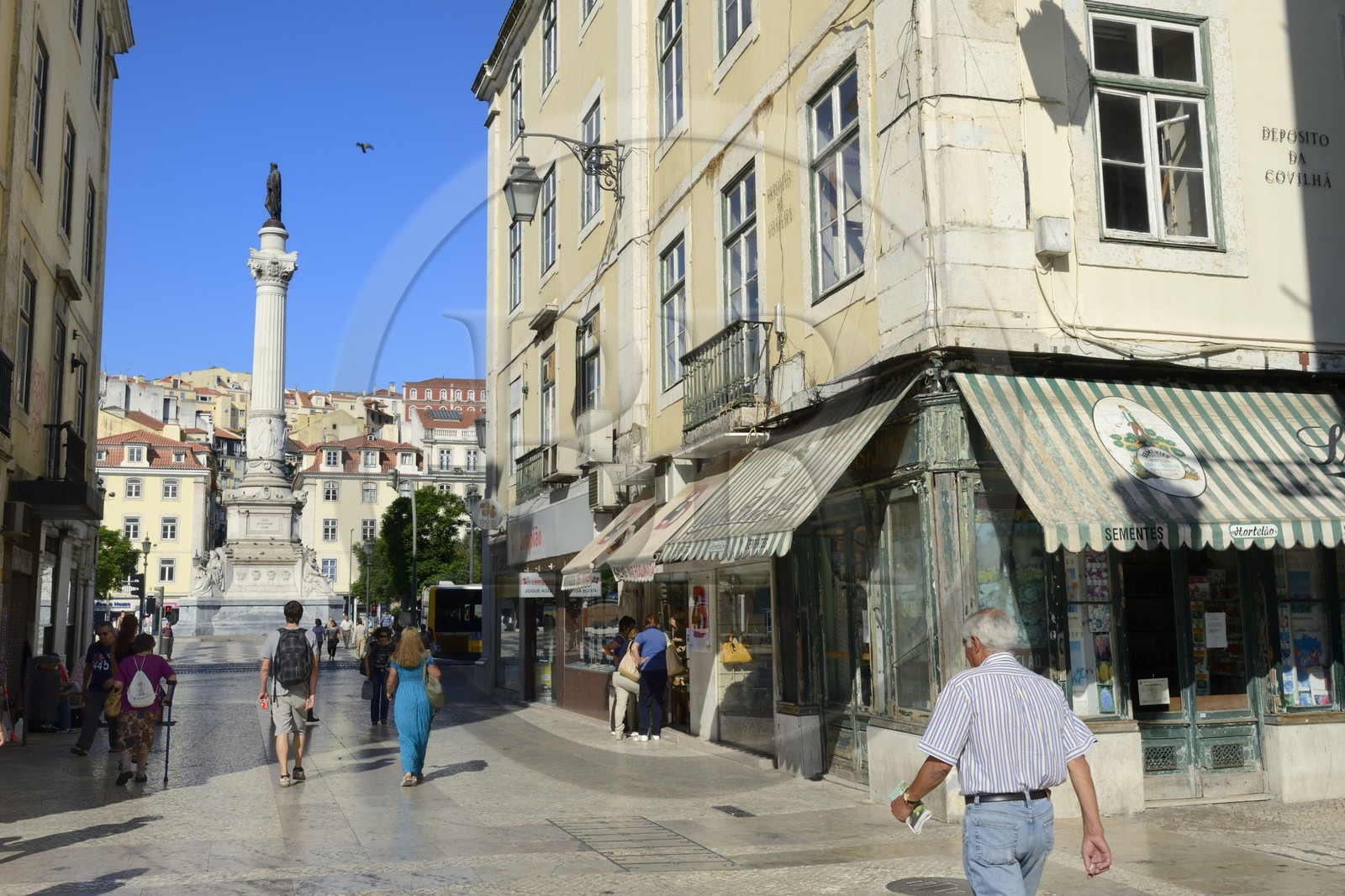 Portugal, Lisbonne, quartier de Baixa pombalin, rue reliant la place de Dom Pedro IV à la place da Figuiera (aussi appelée Rossio), monument à Dom Pedro IV