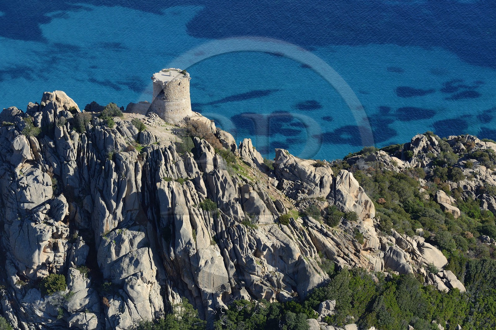 France, Corse du Sud, Cala de Roccapina natural site, Roccapina genoese tower (aerial view)