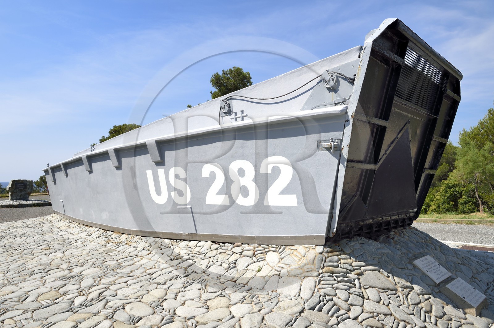 France, Var, Agay area next to Saint-Raphael, Massif de l'Esterel (Esterel Massif), the Corniche d'Or, US barge on the August 15 1944 landing beach of Provence at the Dramont cape