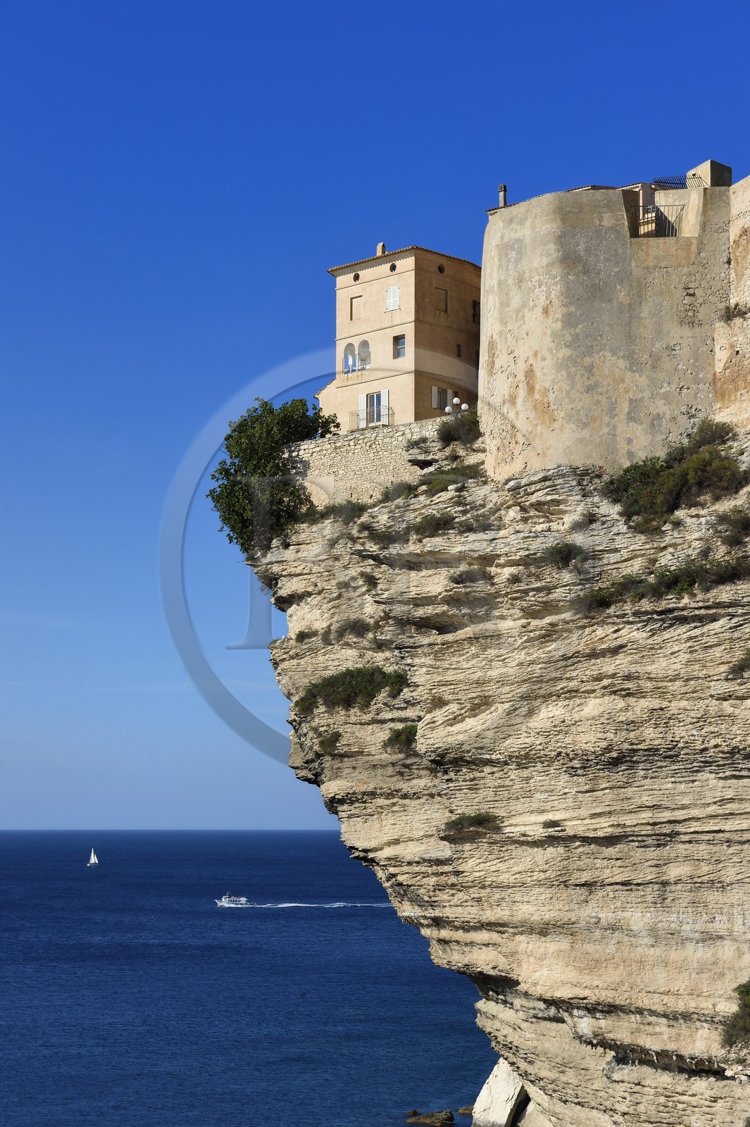 France, Corse-du-Sud (2A), Bonifacio, la vieille ville ou Haute Ville perchée sur des falaises de calcaire de plus de 60 mètres de haut