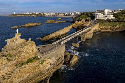 France, Pyrenees Atlantiques, Basque Country, Biarritz, the Rocher de la Vierge (Virgin rock) and the Art Deco Aquarium and Sea Museum built in 1933 (aerial view)
