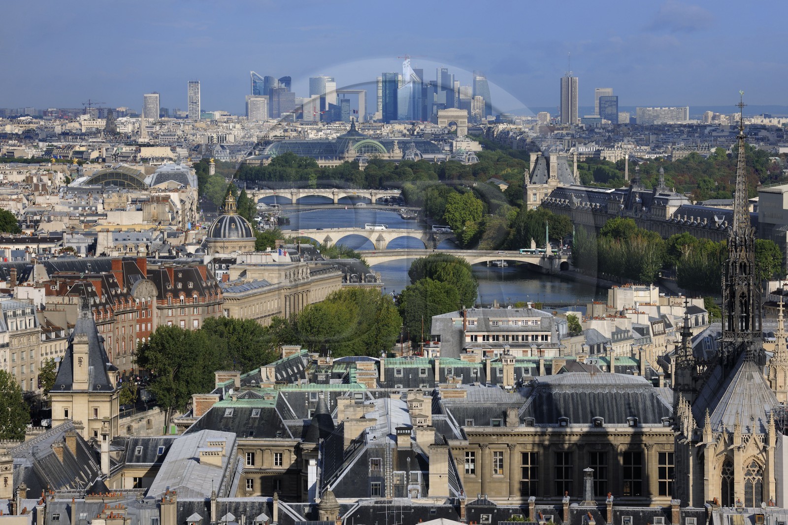 France, Paris (75), vue générale depuis la cathédrale Notre-Dame de Paris avec les rives de la Seine classées Patrimoine Mondial de l'UNESCO et les tours de la Défense