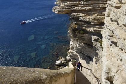 France, Corse du Sud, Bonifacio, the staircase of the King of Aragon sculpted in the limestone cliffs