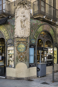 Spain, Catalonia, Barcelona, Las Ramblas, chocolatier-pastry chef Escriba, Antiga Casa Figueras, Art Nouveau facade by the modernist architect from Ros i Güell