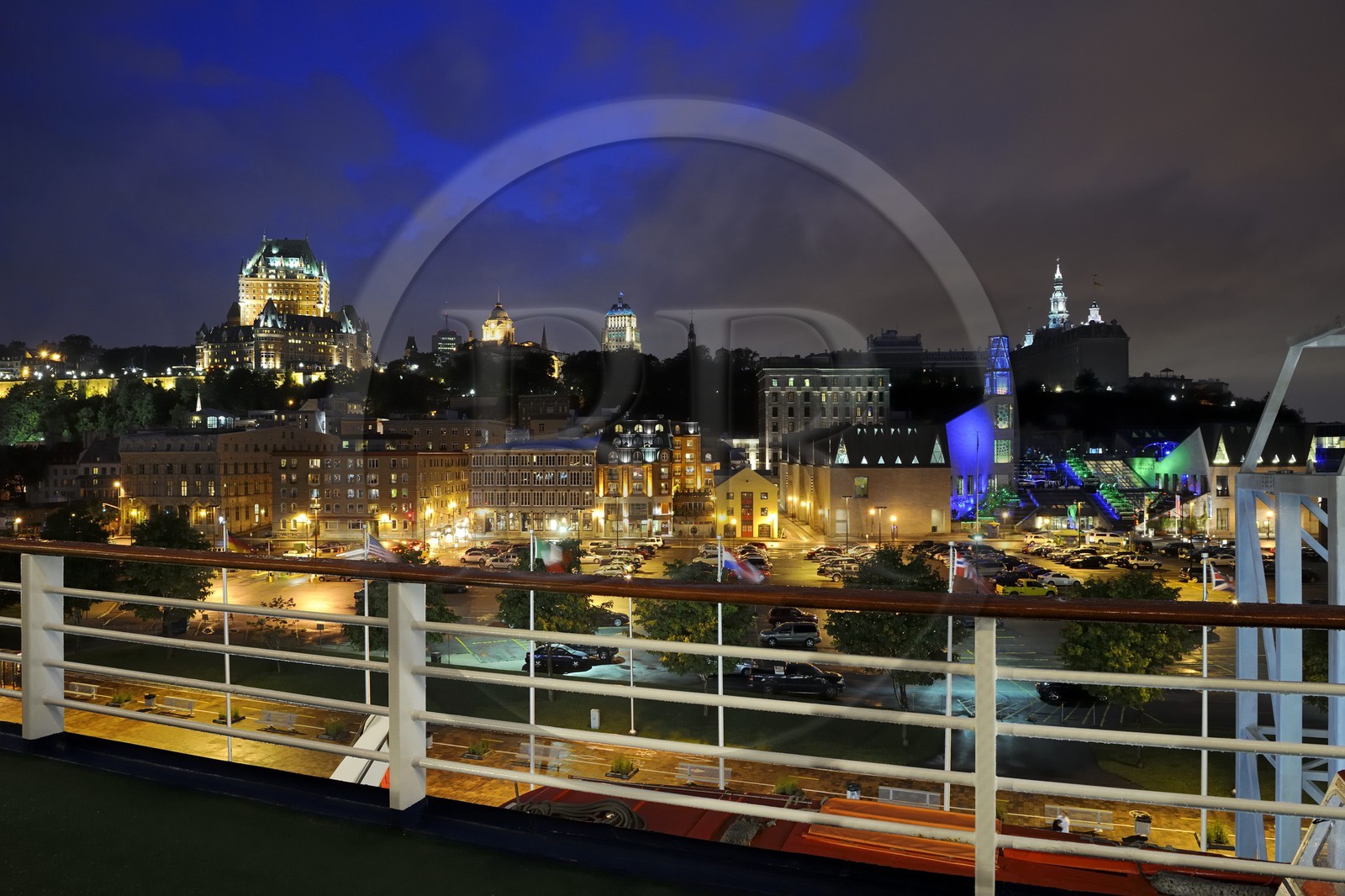 Canada, Quebec Province, Quebec City, Old Town listed as World Heritage by UNESCO, Chateau Frontenac seen from the harbour over Saint Lawrence River and the Civilisation Museum dominated by the Seminar