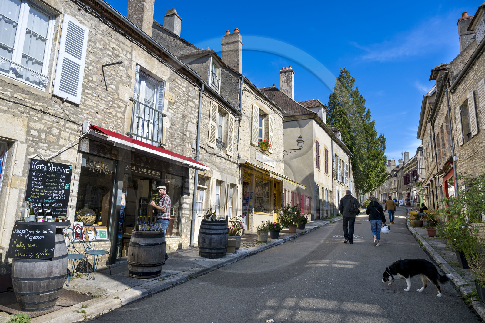 France, Yonne (89), parc naturel régional du Morvan, Vézelay, classé au Patrimoine Mondial de l'UNESCO, labellisé Les Plus Beaux Villages de France, point de départ de l'une des principales voies de pèlerinage de Saint-Jacques-de-Compostelle, la rue principale qui monte vers la basilique, la rue Saint Etienne qui devient la rue Saint Pierre