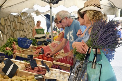 France, Var, Provence Verte, Cotignac, cours Gambetta, the market on the main square, vegetables stall