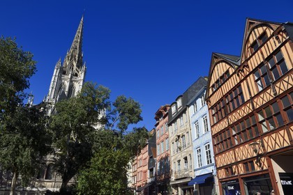 France, Seine Maritime, Rouen, half-timbered houses the medieval street Martainville beside the St Maclou church in the background