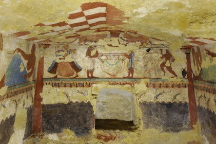 Italy, Lazio, Province of Viterbo, Tarquinia, Ancient Etruscan necropolis Monterozzi (Necropoli dei Monterozzi) listed as World Heritage by UNESCO, Tomb of the Lionesses (tomba delle Leonesse)