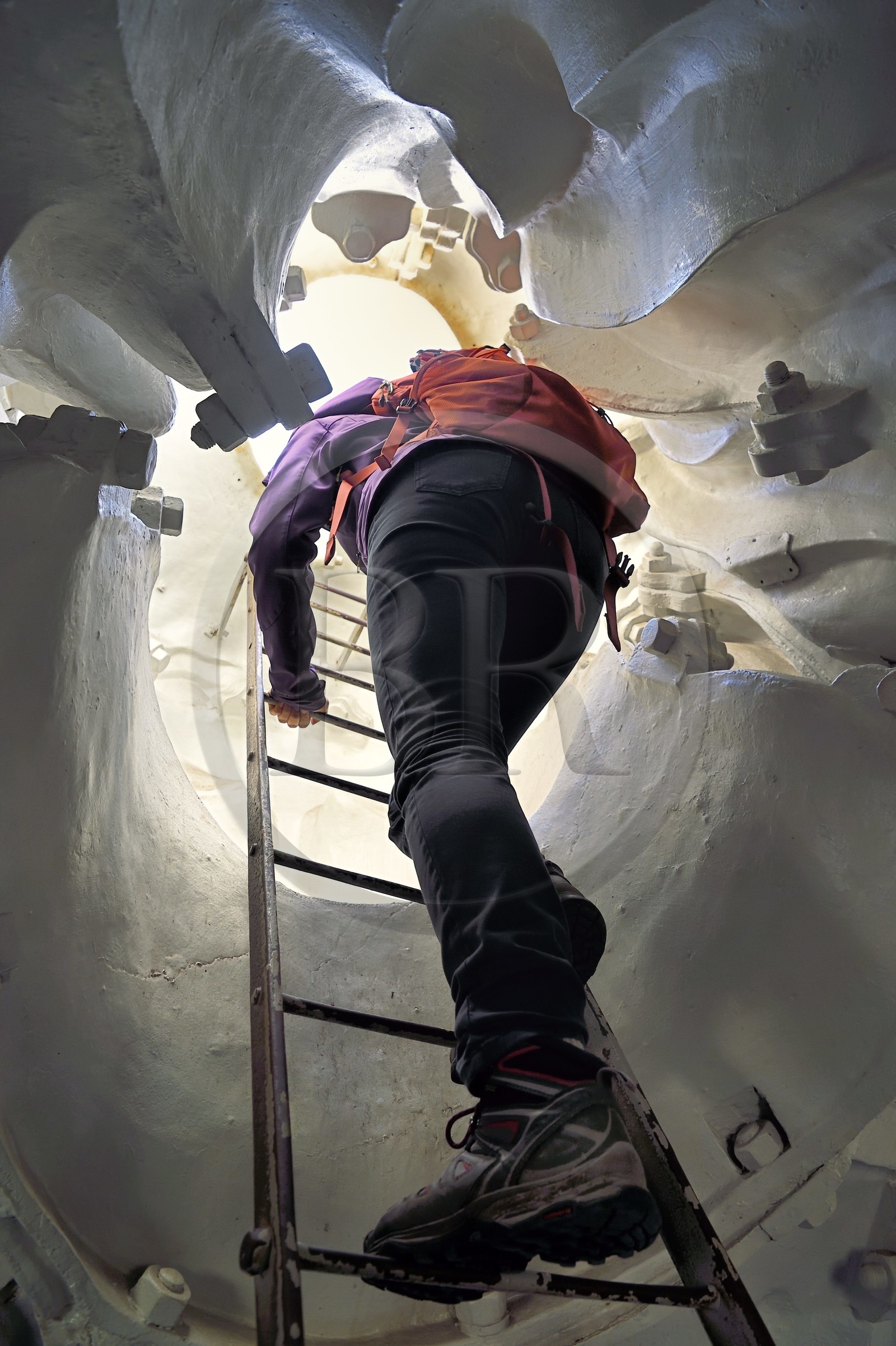 France, Haute-Loire (43), Le Puy-en-Velay, étape classée Patrimoine Mondial de l'UNESCO dans le cadre des chemins de Compostelle, échelle qui termine l'escalier intérieur de la statue de Notre-Dame de France (de 1860) au sommet du Rocher Corneille