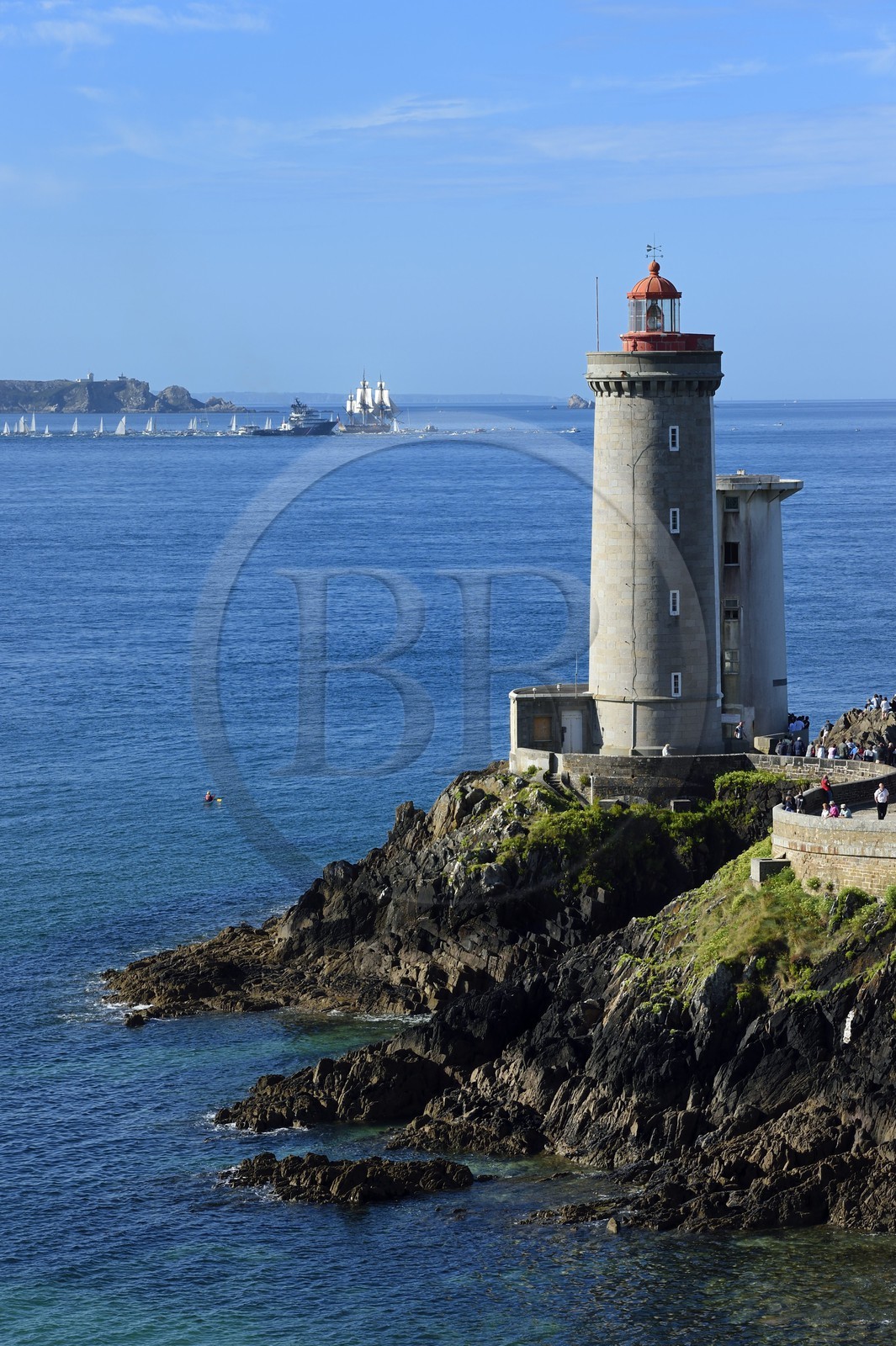 France, Finistere, roadstead of Brest (rade de Brest), Petit Minou lighthouse, L'Hermione frigate departure, replica of the three masts which brought the marquis de Lafayette to America in 1780