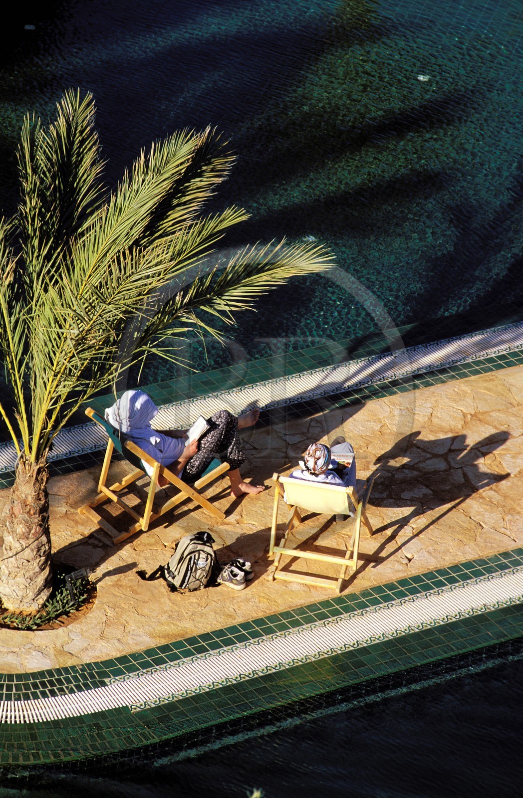 Tunisie, sud tunisien, Oasis de Ksar Ghilane, repos au bord de la piscine de l' hôtel Ksar Ghilane