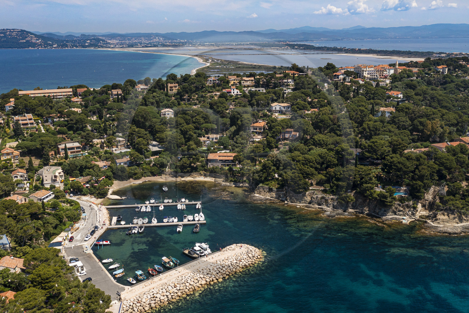 France, Var, Hyeres, Parc National de Port Cros (National park of Port Cros), Peninsula of Giens, the port of Niel and the tombolo of the Peninsula of Giens in the background (aerial view)