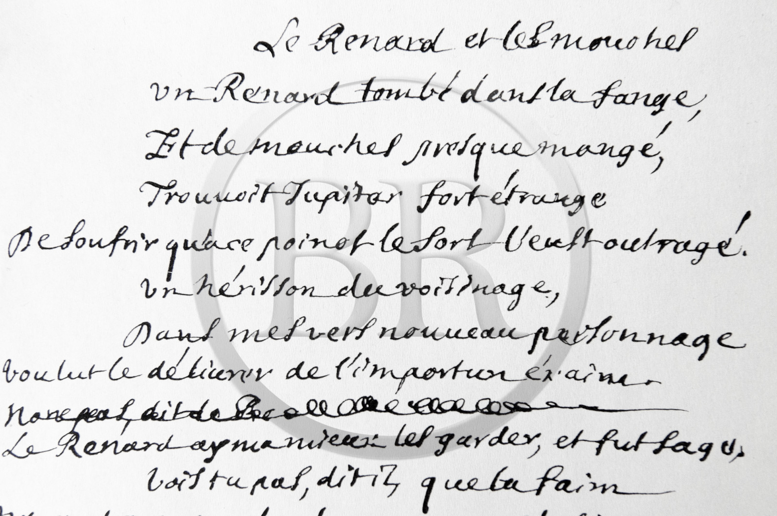 France, Aisne, Château-Thierry, Jean de La Fontaine Museum - city of Chateau-Thierry, draft of the Fable The Fox, the Flies and the Hedgehog written in pen by the hand of Jean de La Fontaine (facsimile)