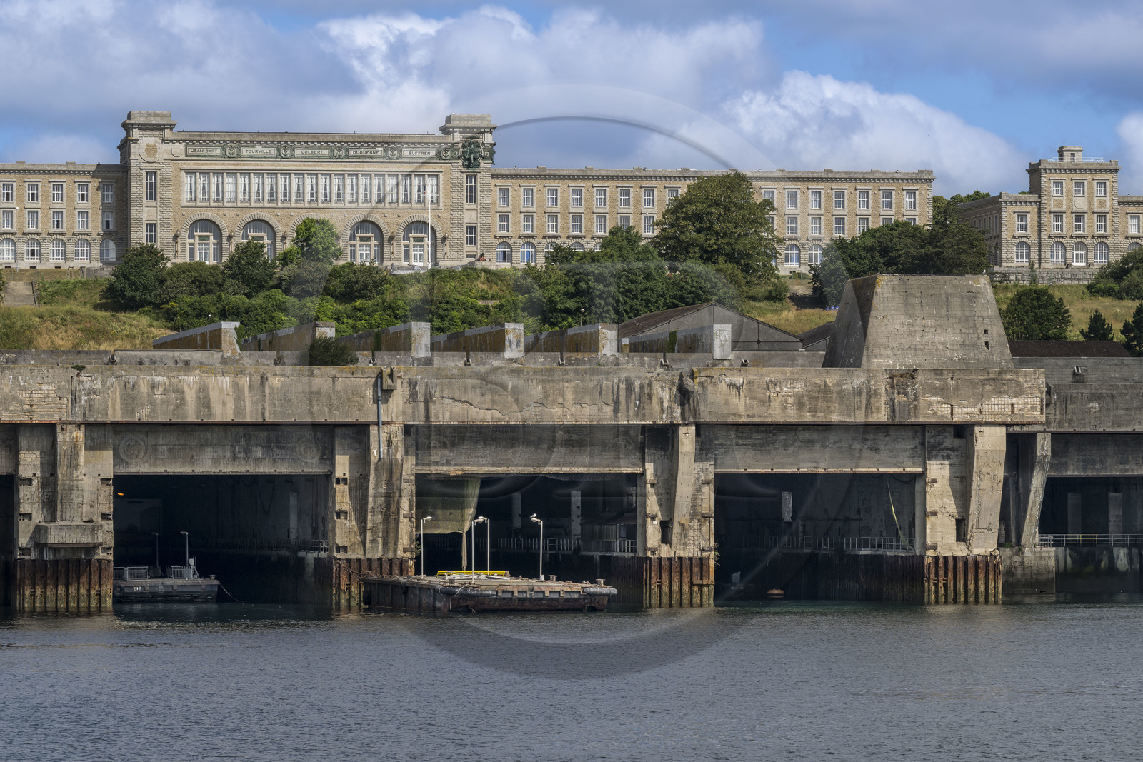France, Finistère, Brest, the arsenal, the Rade-Abri of the military port naval base of the French Navy, the former submarine base built by the German occupiers and the naval training center in the buildings of the former Naval School