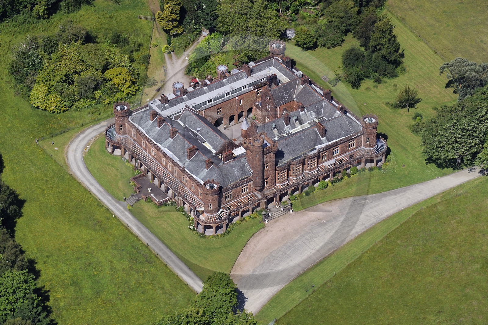 United Kingdom, Scotland, Highland, Inner Hebrides, Isle of Rum, Kinloch Castle was constructed by the millionaire industrialist John Bullough in 1900 (aerial view)