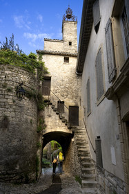 France, Vaucluse, Dentelles de Montmirail mountains, Vaison la Romaine, the upper town (medieval city), belfry tower from the 14th - 18th century known as the Clock Tower