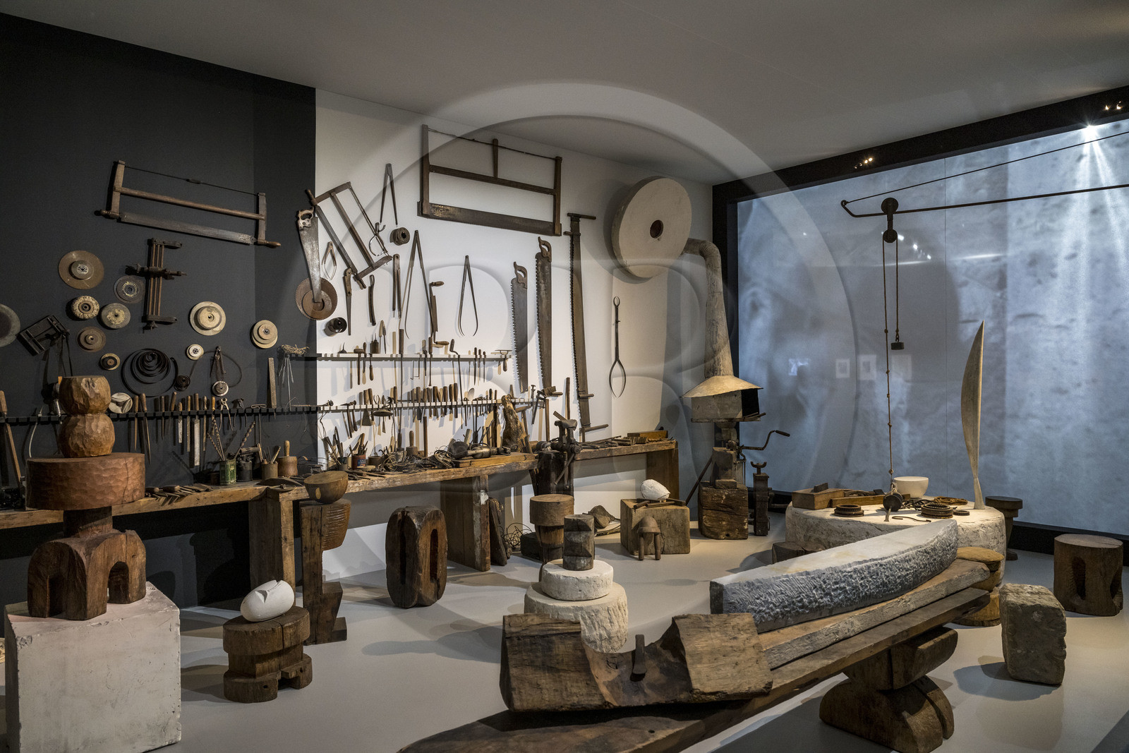 France, Paris, Les Halles district, the Pompidou Center also called Beaubourg, National Museum of Modern Art (MNAM), Brancusi retrospective exhibition, partial reconstruction of Brancusi's workshop, impasse Ronsin, the artist's tools and forge