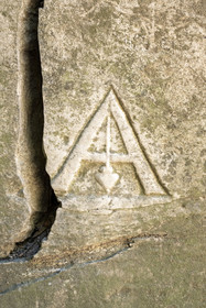 France, Bouches du Rhone, Arles, the Alyscamps, listed as World heritage by UNESCO, a pagan then Christian necropolis from the Roman era to the Middle Ages, comprising numerous sarcophagi, plumb line on a sarcophagus