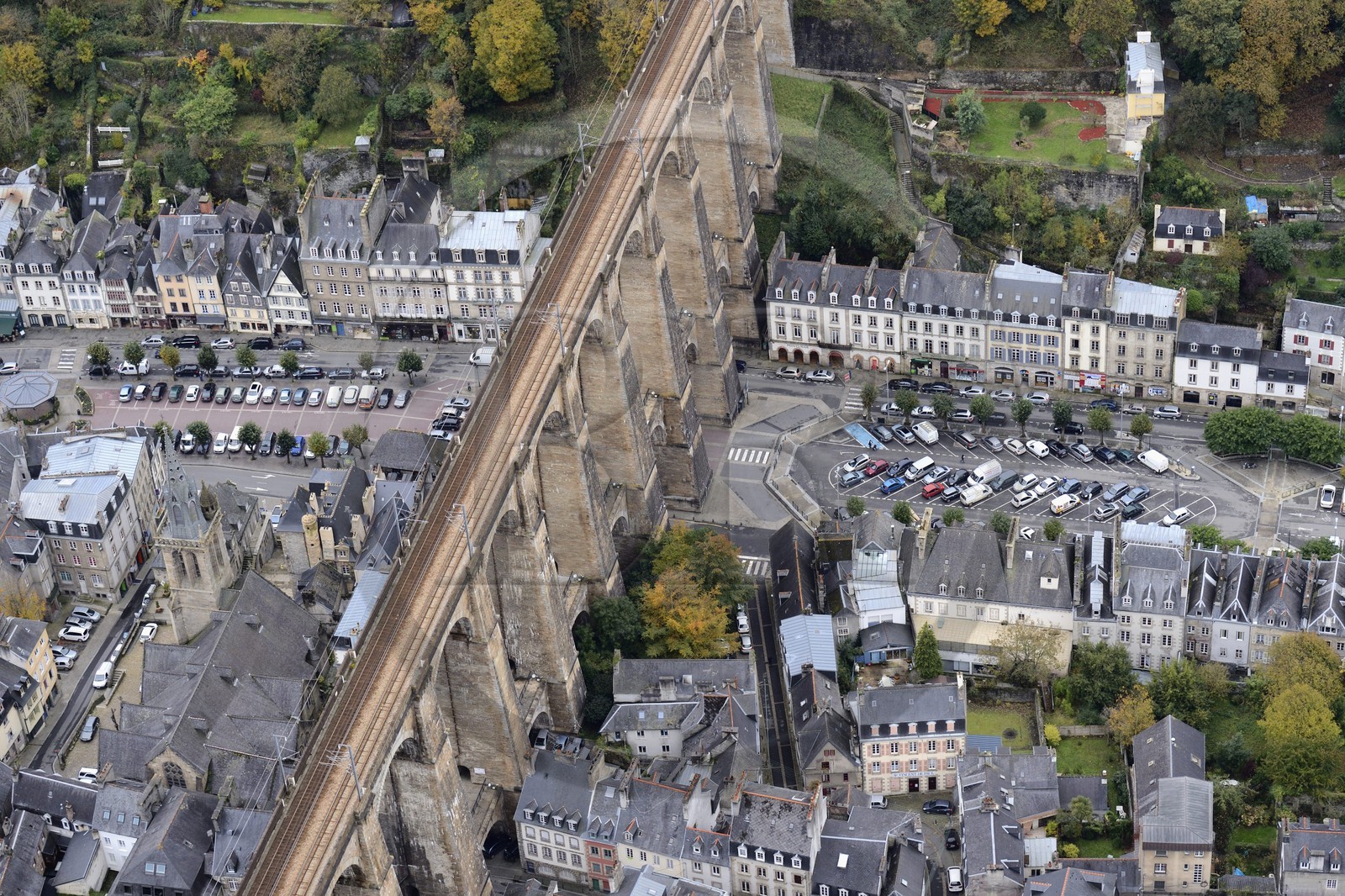 France, Finistere, Morlaix, the viaduct above the city center (aerial view)