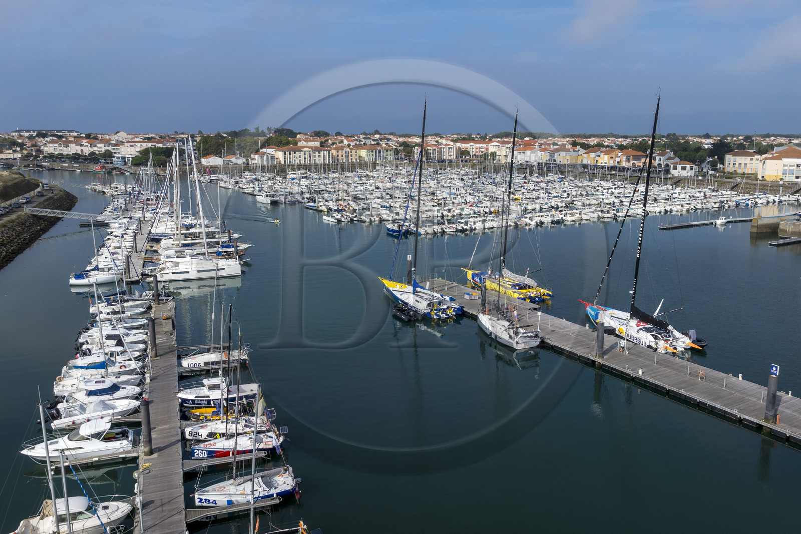 France, Vendee, Les Sables d'Olonne, Port Olona, Vendée Globe sailboat pontoon, 60-foot IMOCA monohull sailboats at the docks (aerial view)