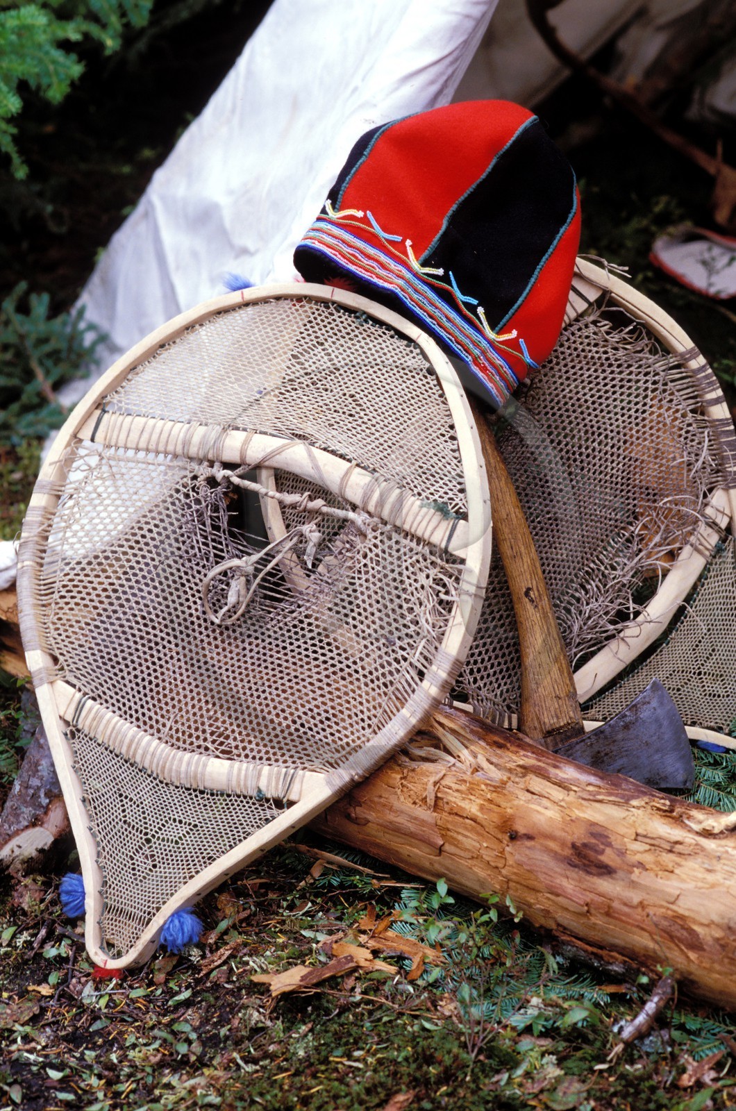 Canada, Quebec Province, snowshoes (Ashamet) and women's hats (Ashetshepetuan akunesshkun) of the ethnic group Innu