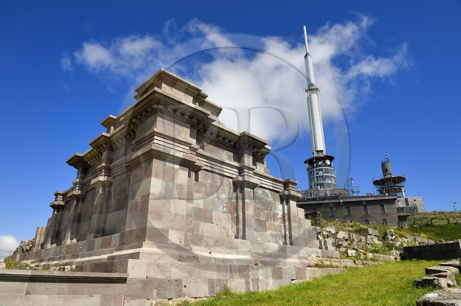 France, Puy de Dome, Parc Naturel Régional des Volcans d'Auvergne (regional nature park of Auvergne volcanoes), Chaine des Puys listed as World heritage by UNESCO, partially reconstructed remains of the temple of Mercury at the top of the Puy de Dôme, Gallo-Roman temple from the 2nd century