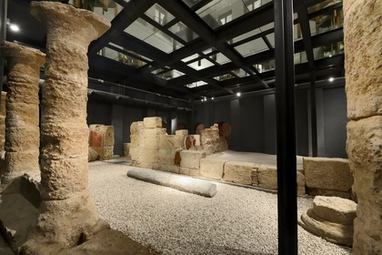 Espagne, Andalousie, Cordoue, hotel Hospes Palacio del Bailio, vestiges de l'ancienne maison romaine sous la salle de restaurant