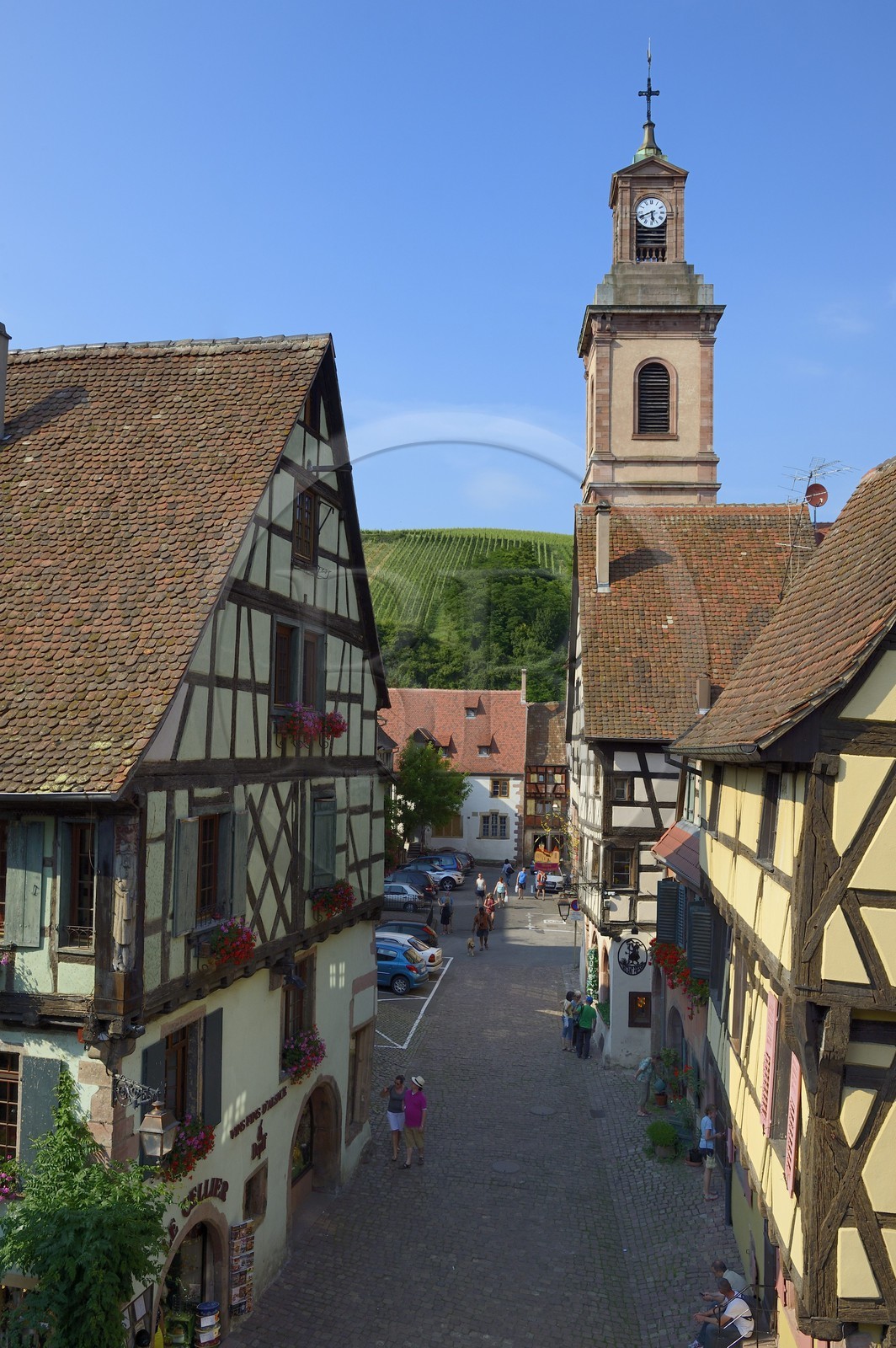 France, Haut Rhin, Riquewihr, labelled Les Plus Beaux Villages de France (The Most Beautiful Villages of France), half-timbered houses and former Notre Dame Church