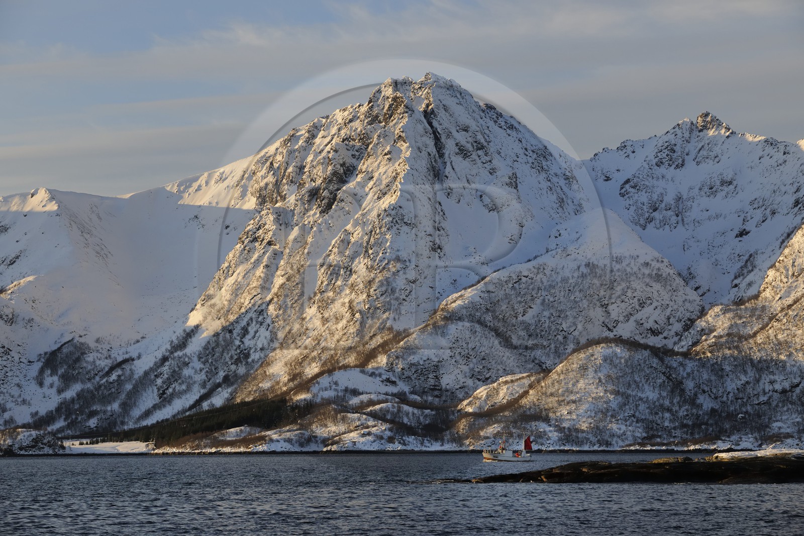 Norvège, Nordland, iles des Westeralen, région de Myre, bateau de pêche du cabillaud skrei