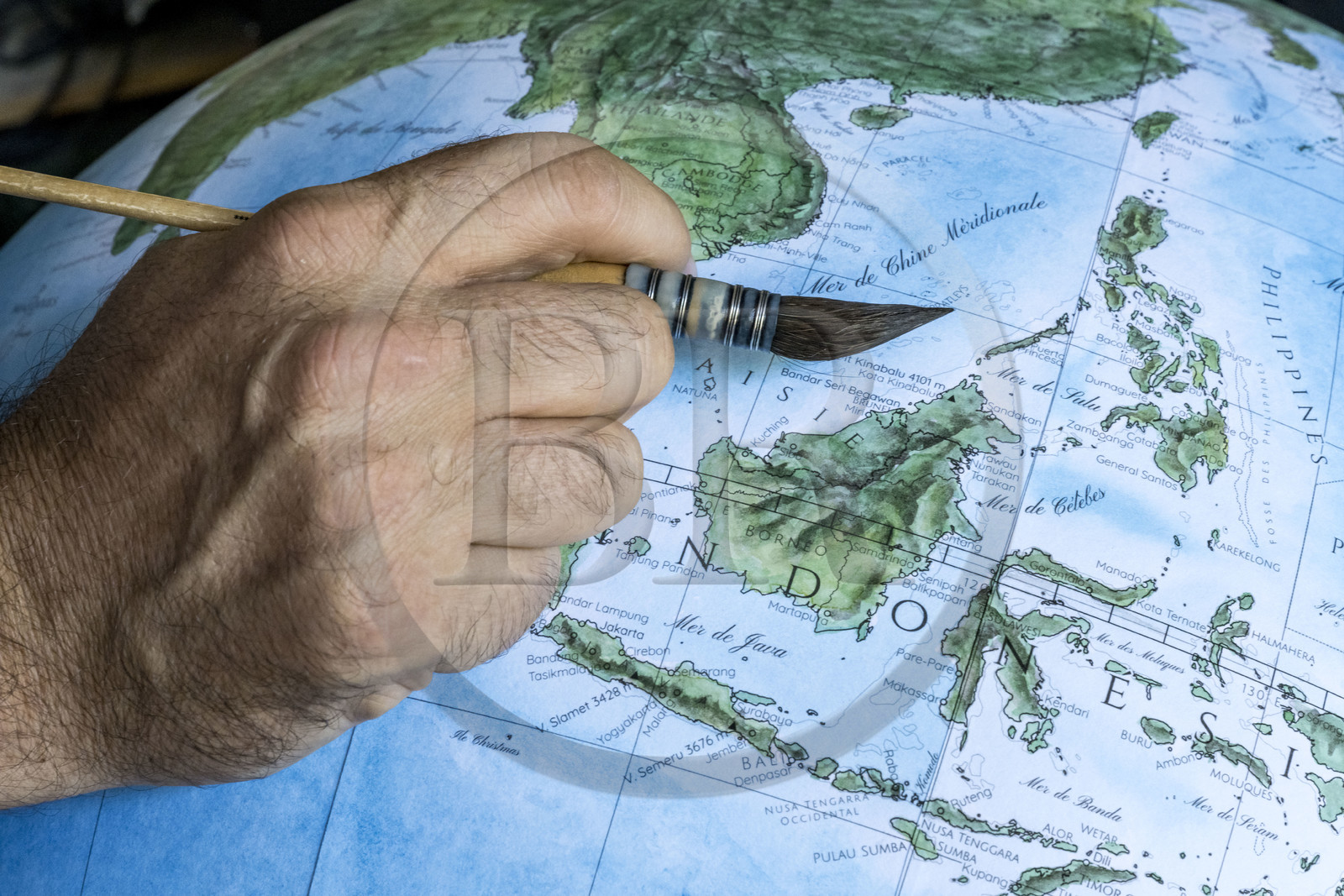 France, Charente, Cognac, handcrafted terrestrial globe painted in watercolor by Gabriel Gaborel creator of OrbisTerrae