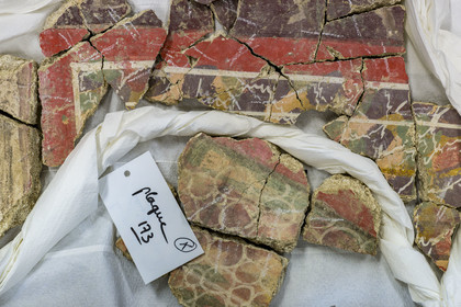 France, Bouches-du-Rhône (13), Arles, musée départemental Arles antique, salle d’étude du service archéologie, recherches des fouilles du site de l'ancienne verrerie de Trinquetaille sur la rive droite du Rhone, maison de la harpiste (entre 70 et 50 av. J.-C.), fragments de la peinture murale à fresque du décor de la pièce du rez-de-chaussée adoptant du rouge vermillon avec le pigment le Cinabre le plus couteux du monde romain